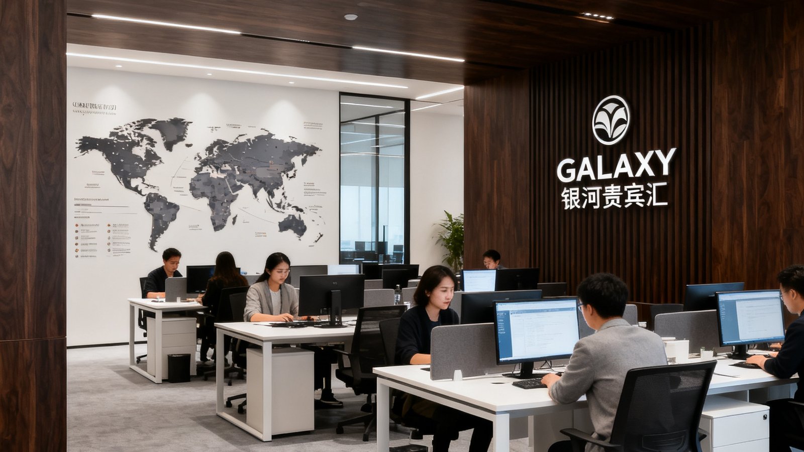 银河贵宾汇GALAXY上海总部办公室内景，现代化开放式办公空间搭配深色木质装饰，墙面展示全球服务网络地图，员工专注工作