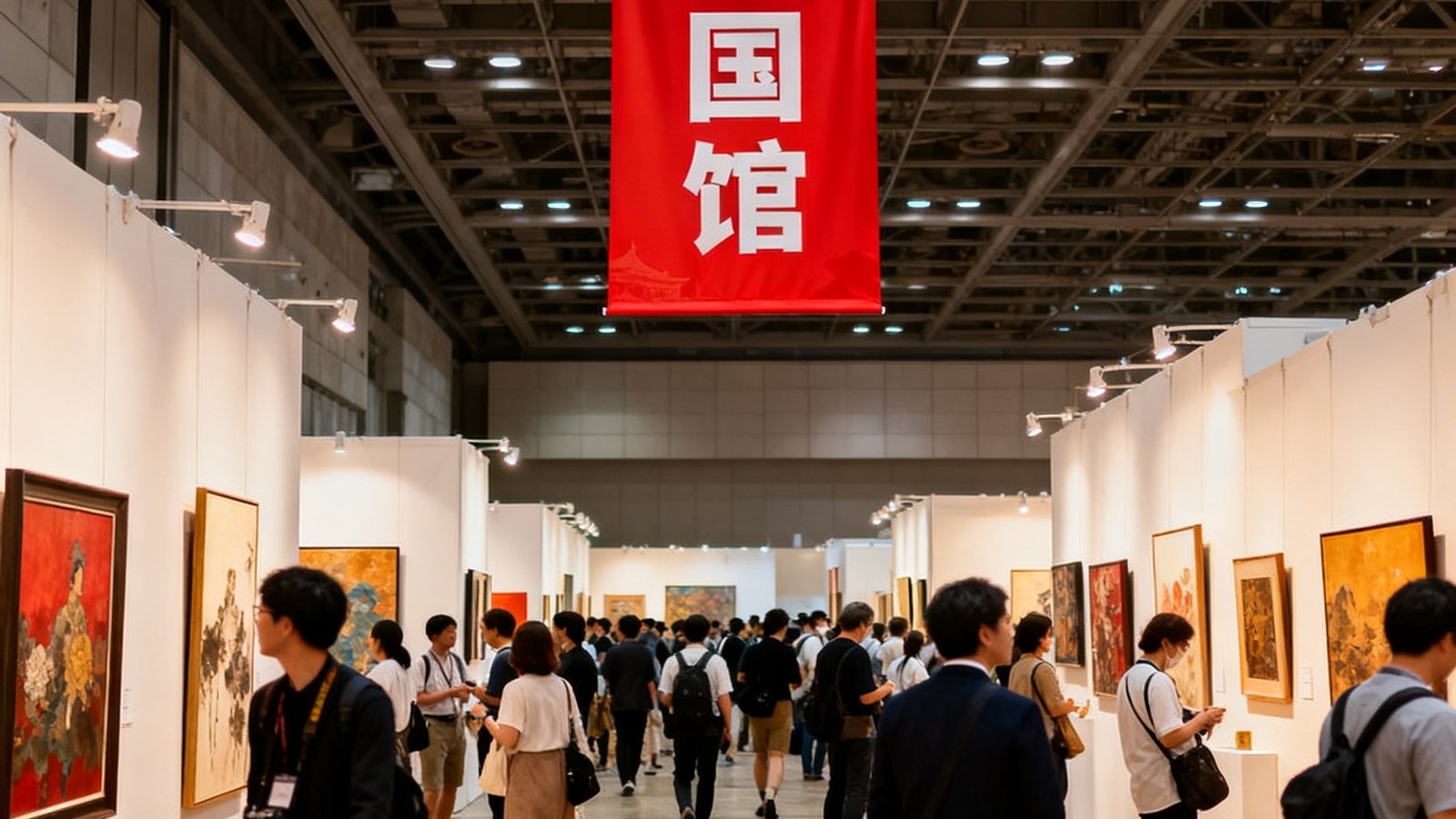 东京国际艺术博览会展厅现场，中国馆区域悬挂红色主题横幅，观众络绎不绝观赏展品