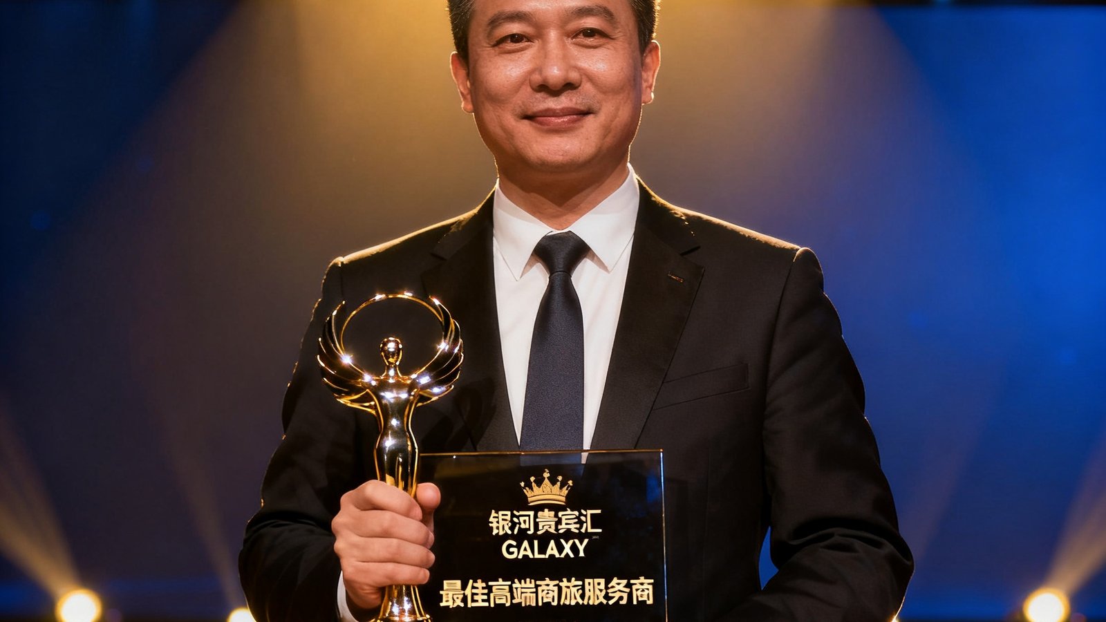 行业颁奖典礼舞台，银河贵宾汇GALAXY代表手捧最佳高端商旅服务商奖杯，聚光灯照耀颁奖时刻