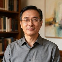 儒雅中年客户头像，佩戴细框眼镜，身着灰色商务衬衫，背景为书架和艺术画作